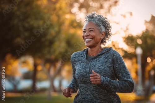 Senior black woman smiling enjoying morning jog