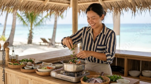 Tropical island cuisine preparation by young chef in outdoor beach setting