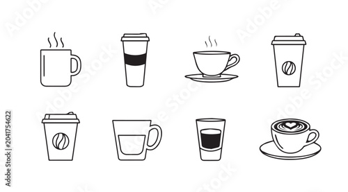 Various Coffee Cup Line Art Icons with Steam and Latte Art for Beverage Concepts