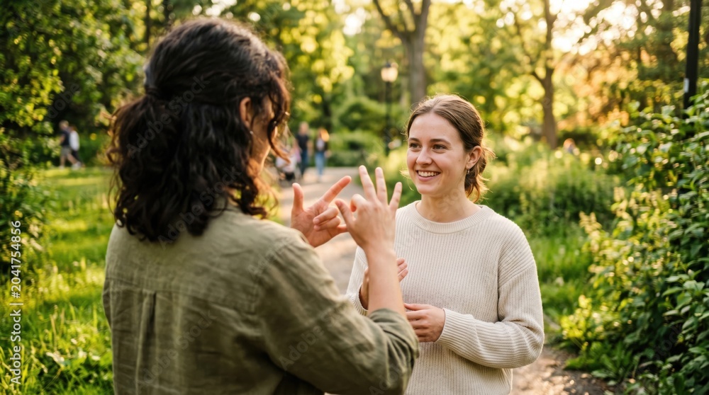 Fototapeta premium Woman communicating with another woman using sign language in park. Deaf person expression and nonverbal conversation. Inclusive social interaction and active lifestyle outdoor concept.