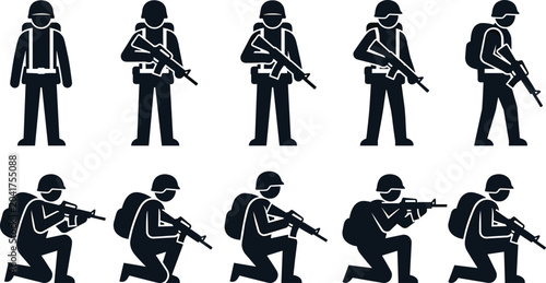 Fotografía Military Soldier Silhouette Collection with Tactical Combat Poses, Armed Forces
