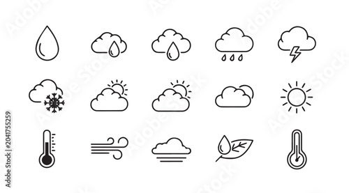 Weather icons collection with rain sun storm thermometer and wind symbols