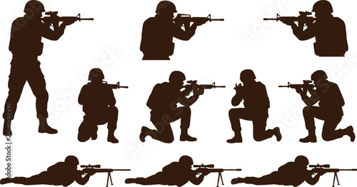 Tableau sur toile Military Soldier Shooting Silhouette Collection with Tactical Combat Positions,