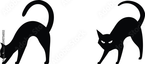 Quadro su tela Pair of black cat silhouettes in aggressive and arched postures isolated on transparent background graphic vector set