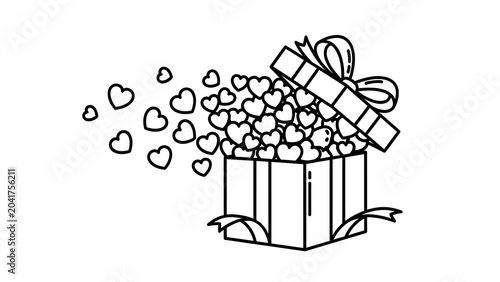 Outline drawing of an open gift box overflowing with heart shapes, with hearts escaping