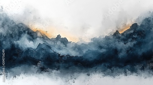 Misty Mountain Range Sunrise Abstract Watercolor Painting Landscape