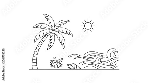Outlined illustration of a tropical beach scene, with palm tree, waves, sun, coral, and seashell
