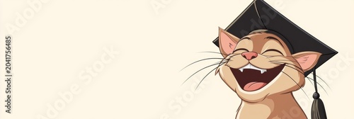 Happy cartoon cat wearing graduation cap celebrating success