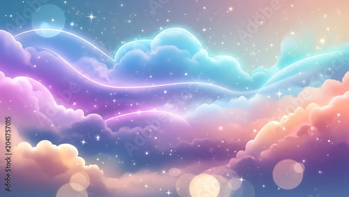 Pastel dreamscape featuring fluffy clouds, stars, and glowing lines in a magical, ethereal scene