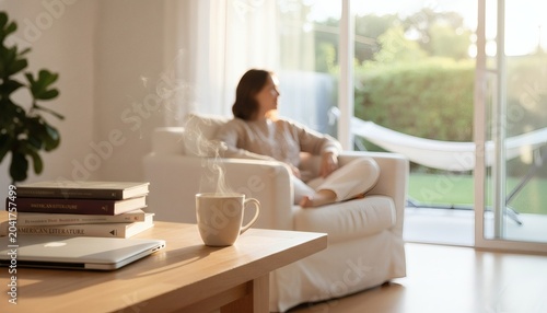 Relaxed female teacher enjoying a long weekend at home during Labor Day holiday, sitting on an armchair near a window with steaming coffee mug, work-life balance concept