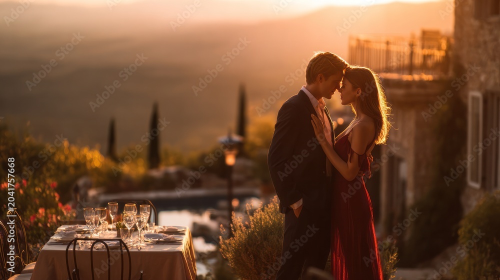 Obraz premium Romantic Evening Embrace: A couple shares an intimate embrace during a golden hour sunset, set against a picturesque backdrop of rolling hills and a charming villa, evoking a scene of pure romance.