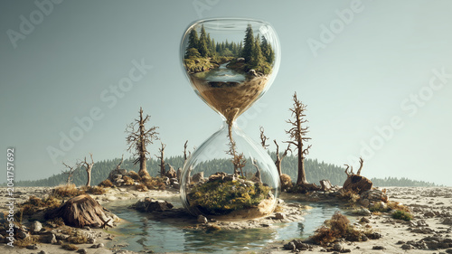 Hourglass with forest inside symbolizes nature fragility