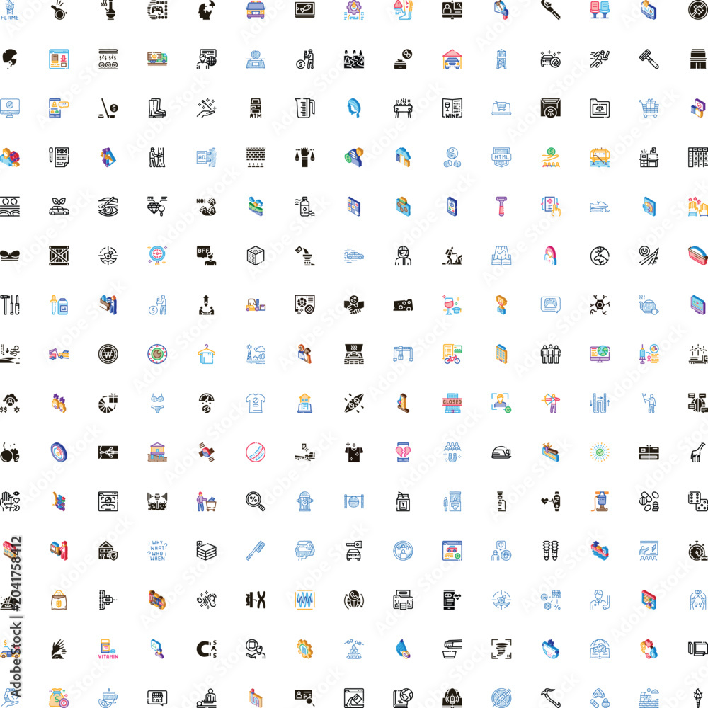 Naklejka premium Large collection of flat gradient outline glyph icons covering business, technology, social media, shopping, healthcare, travel, education, food, activities and everyday objects