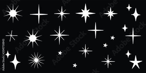 Schilderij op canvas Abstract White Sparkle Starburst Icons Set on Black Background