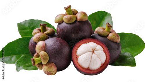 Tableau sur toile Fresh mangosteen fruits with leaves, one cut in half showing white segments