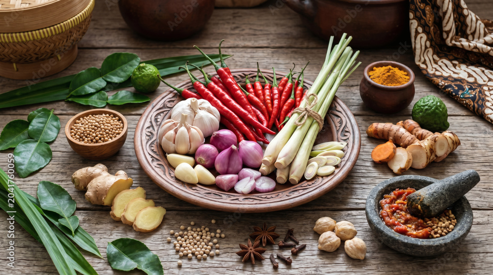Fototapeta premium Fresh Indonesian herbs and spices displayed with traditional mortar and pestle in a rustic culinary setting.