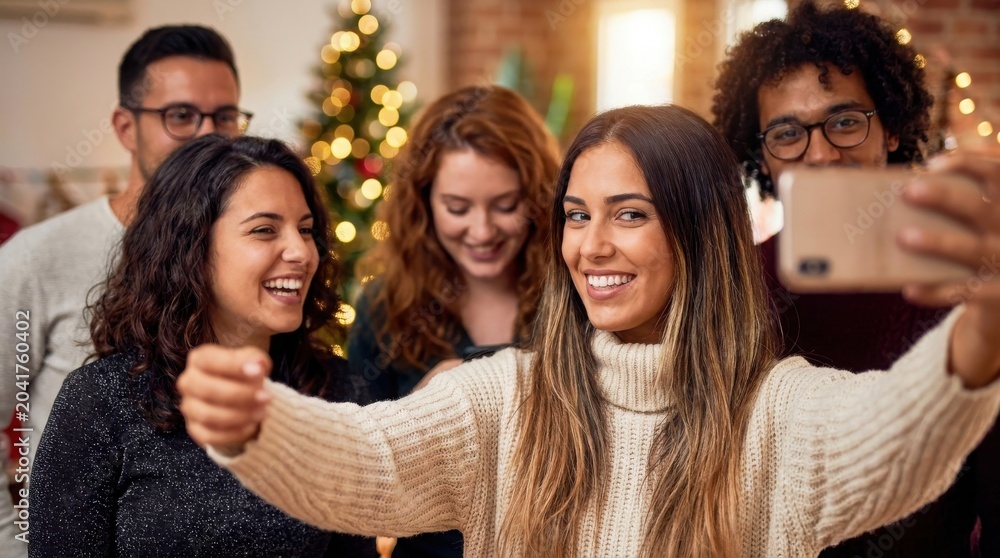 Fototapeta premium Group of diverse friends taking selfie together during christmas celebration at home with decorated tree in background smiling and enjoying festive winter holiday party with mobile phone technology.