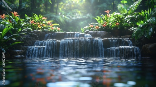 Lush Tropical Waterfall Oasis With Sunlight Filtering Through Dense Green Foliage And Vibrant