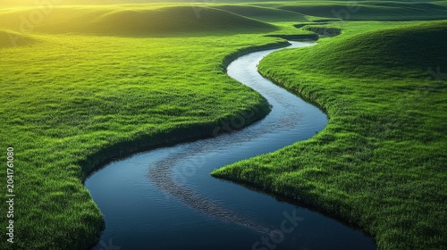 Serpentine River Flows Through Lush Green Landscape Under Warm Golden Sunlight
