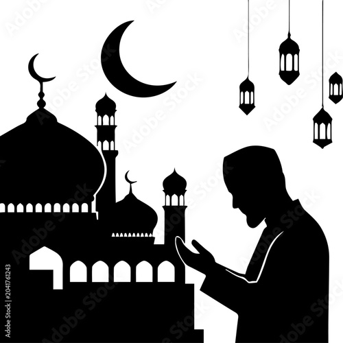 Bild auf Leinwand Muslim Man Praying at Mosque Silhouette Islamic Worship and Faith Vector Illustr