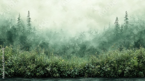 Misty Forest Scene With Green Bushes And Textured Trees Under Soft Light