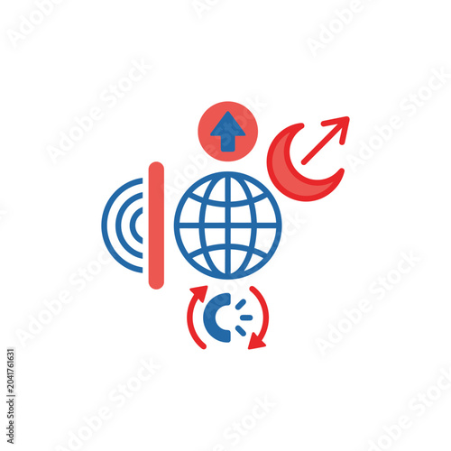 Global communication icons including globe, signal, and upload arrow.