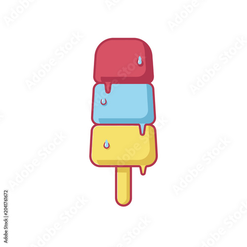 Colorful three layered melting popsicle on wooden stick.