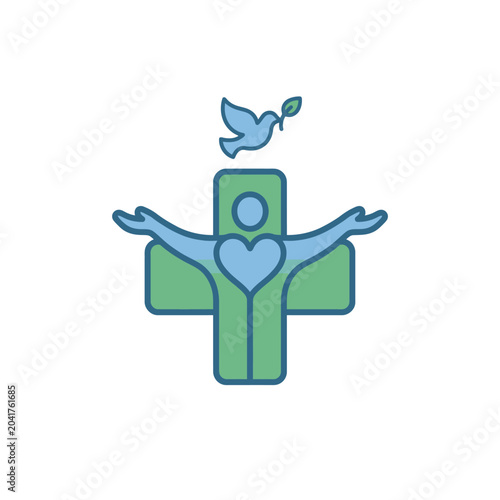 Healthcare symbol with human silhouette, cross, heart, and dove.