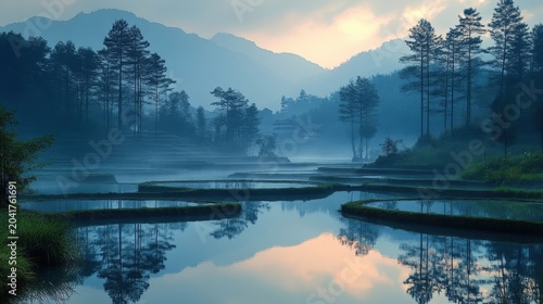 Misty Morning Rice Terraces Reflecting Mountain Peaks and Pine Trees in Serene Landscape