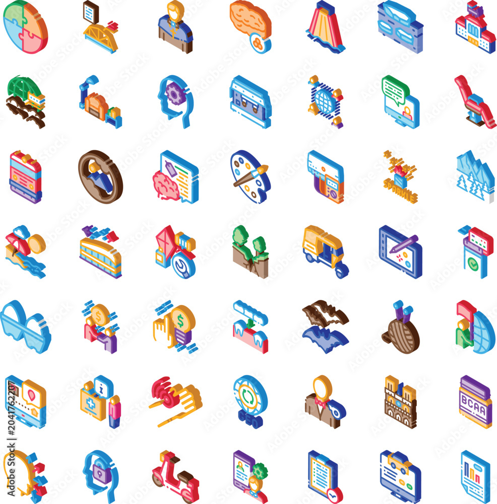 Obraz premium Isometric icons collection presenting a range of subjects including puzzles, business, human brains, architecture, healthcare, technology, art, nature, and transportation