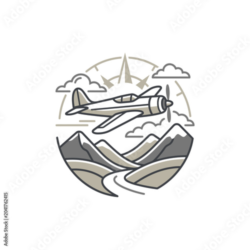 Vintage airplane flying over mountains with compass rose background.