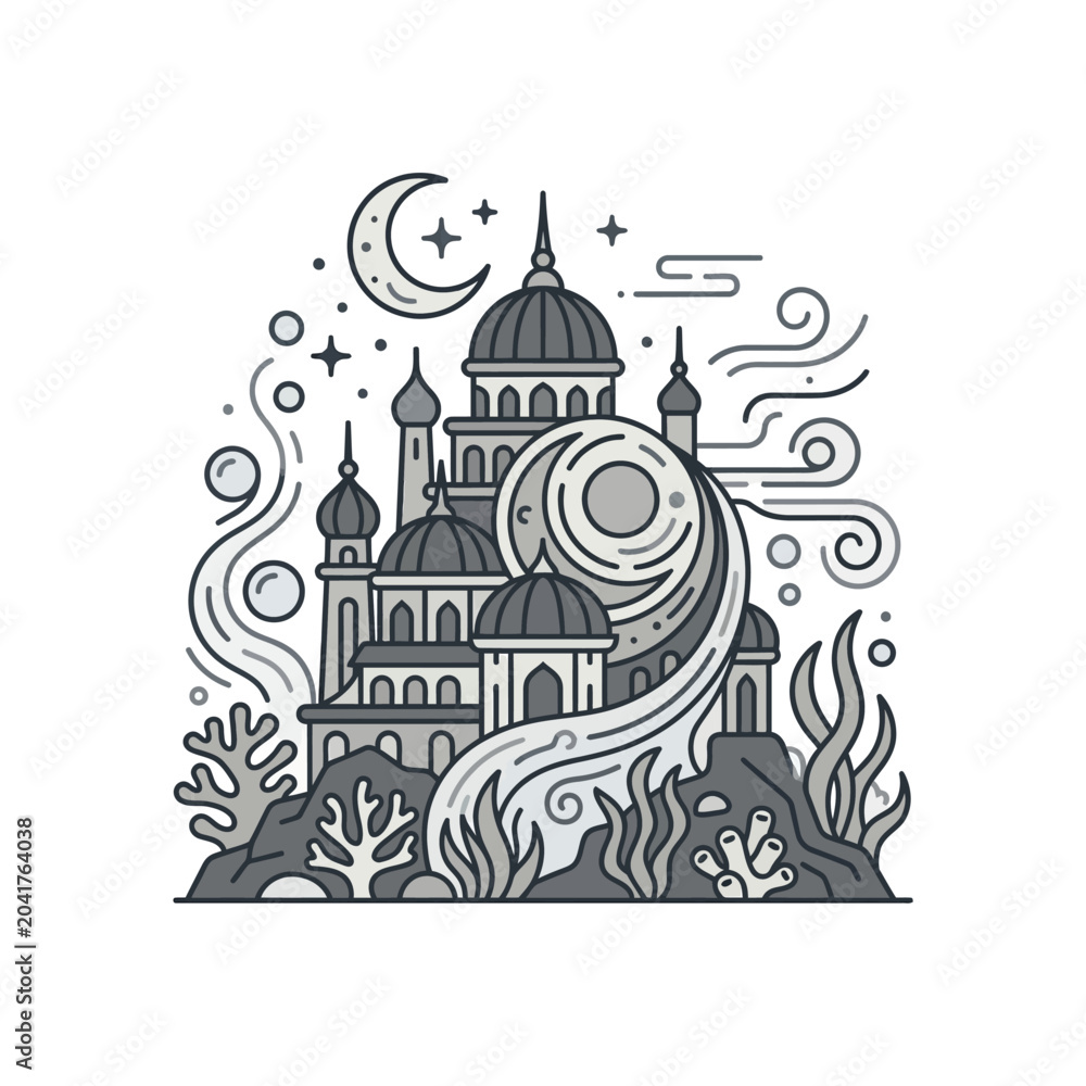 Naklejka premium Fantasy castle line art under crescent moon and stars.