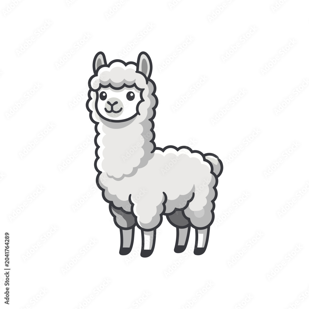 Fototapeta premium Cute fluffy alpaca cartoon character line art.