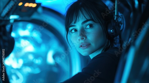 woman in spaceship scifi film still futuristic setting dramatic