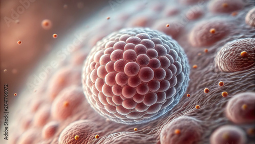 IVF and Embryo concept ,Ultra macro view of embryo surface texture during early cell division with soft pink and orange tones