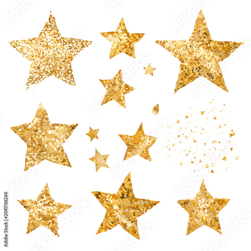 A festive set of shiny golden stars isolated on a white background serves as a sparkling Christmas decoration for holiday celebrations and winter ornament designs