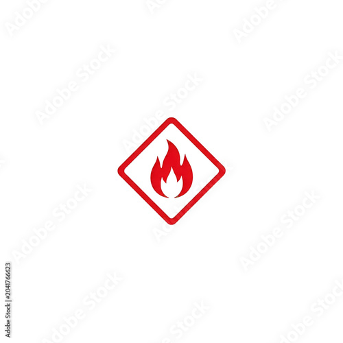 Vivid red flame hazard icon, sharply designed within a diamond frame, signaling a critical warning for flammable substances and general fire safety