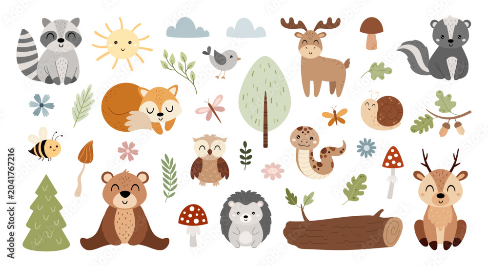 Obraz premium Woodland animals clipart set. Cute forest characters and plants images in cartoon style. Kids hand drawn vector illustration.