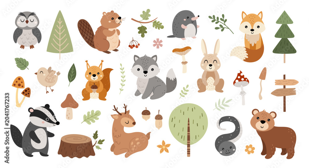 Obraz premium Woodland animals illustration bundle. Cartoon forest characters and plants images. Children hand drawn vector clipart.