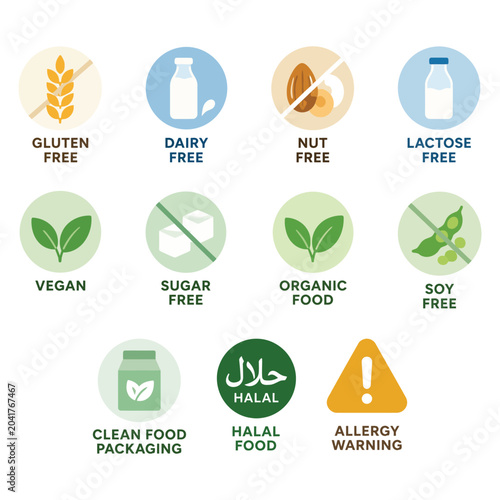 Clean dietary and allergy label icon set designed for food packaging, restaurant menus, and nutrition communication.