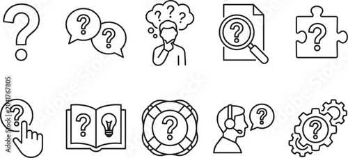 Question mark icons, FAQ symbols, line style, 10 pieces, black and white, vector graphics