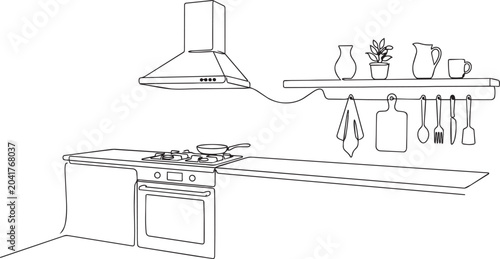 Photos Modern kitchen, line drawing, cooking space, appliances, utensils