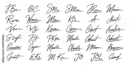 Konstfotografi Handwritten signature set of fictitious names with elegant cursive calligraphy and black lettering vector illustration