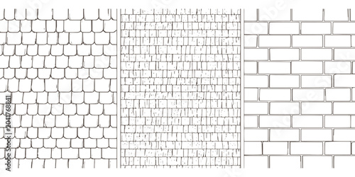 Φωτογραφία Hand drawn architectural texture set featuring roof tiles cobblestone and brick wall patterns isolated background vector illustration
