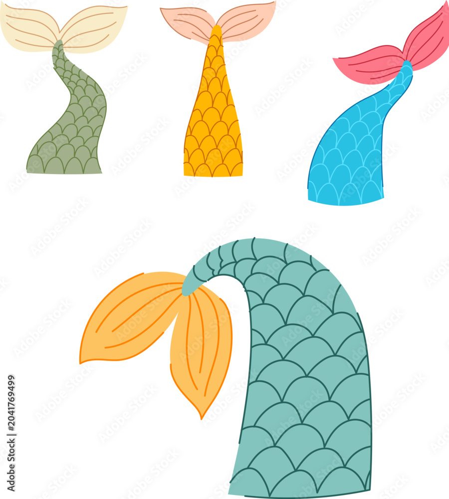 Obraz premium Four colorful stylized mermaid tails with playful scales and fins, whimsical underwater fantasy icons for kids stories, designs, clip art and marine themed projects