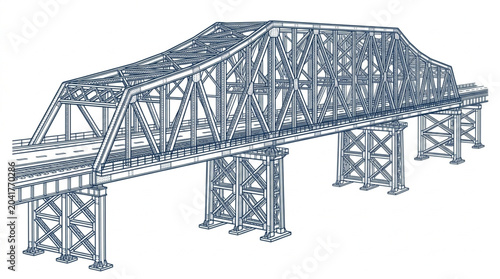 Detailed illustration of a large steel truss railway bridge.