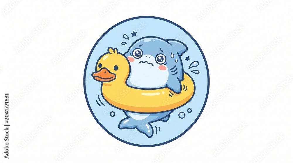 Fototapeta premium Cartoon Cute Shark Riding Duck Float In The Water Circle Icon