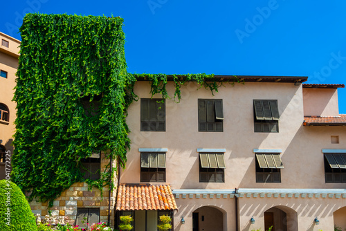 Beautiful windows with green plant on building of Venetian-style Italian village landscape on mountain with blue sky background