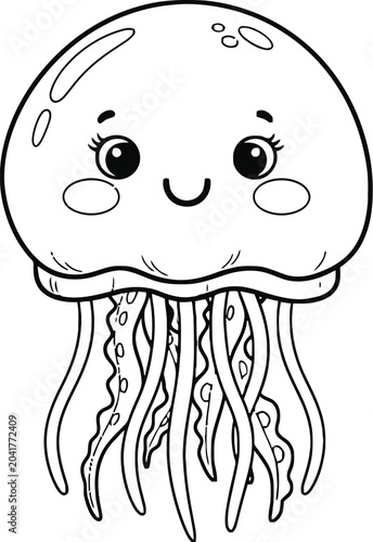 Cute jellyfish, smiling cartoon character, black and white illustration, vector graphic