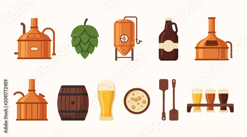 Cuadro en lienzo A set of ten flat vector icons depicting brewery equipment and beer featuring co